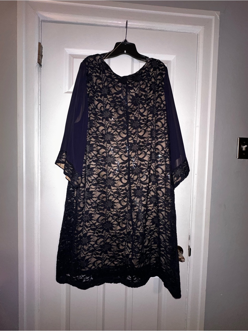 Ronni Nicole Navy Lace Overlay Long Sleeve Dress with Nude Lining